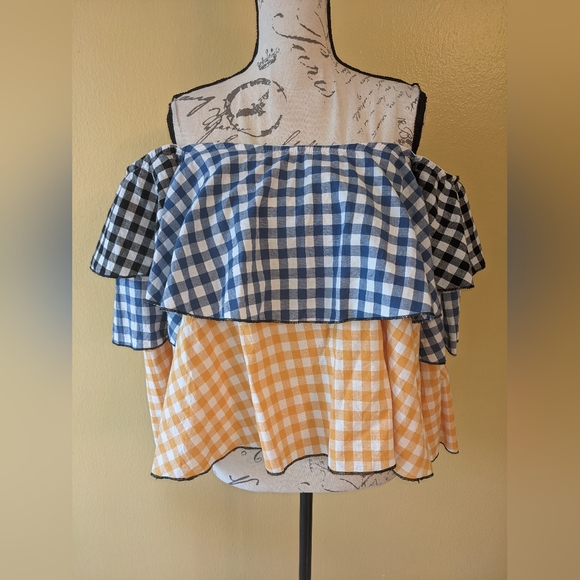 Off the Shoulder Gingham Blouse Top Size Medium - Picture 3 of 6